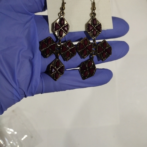 Burgundy Petal Cross Earrings – Gold-Tone Floral Dangles Statement Jewelry - Picture 9 of 9